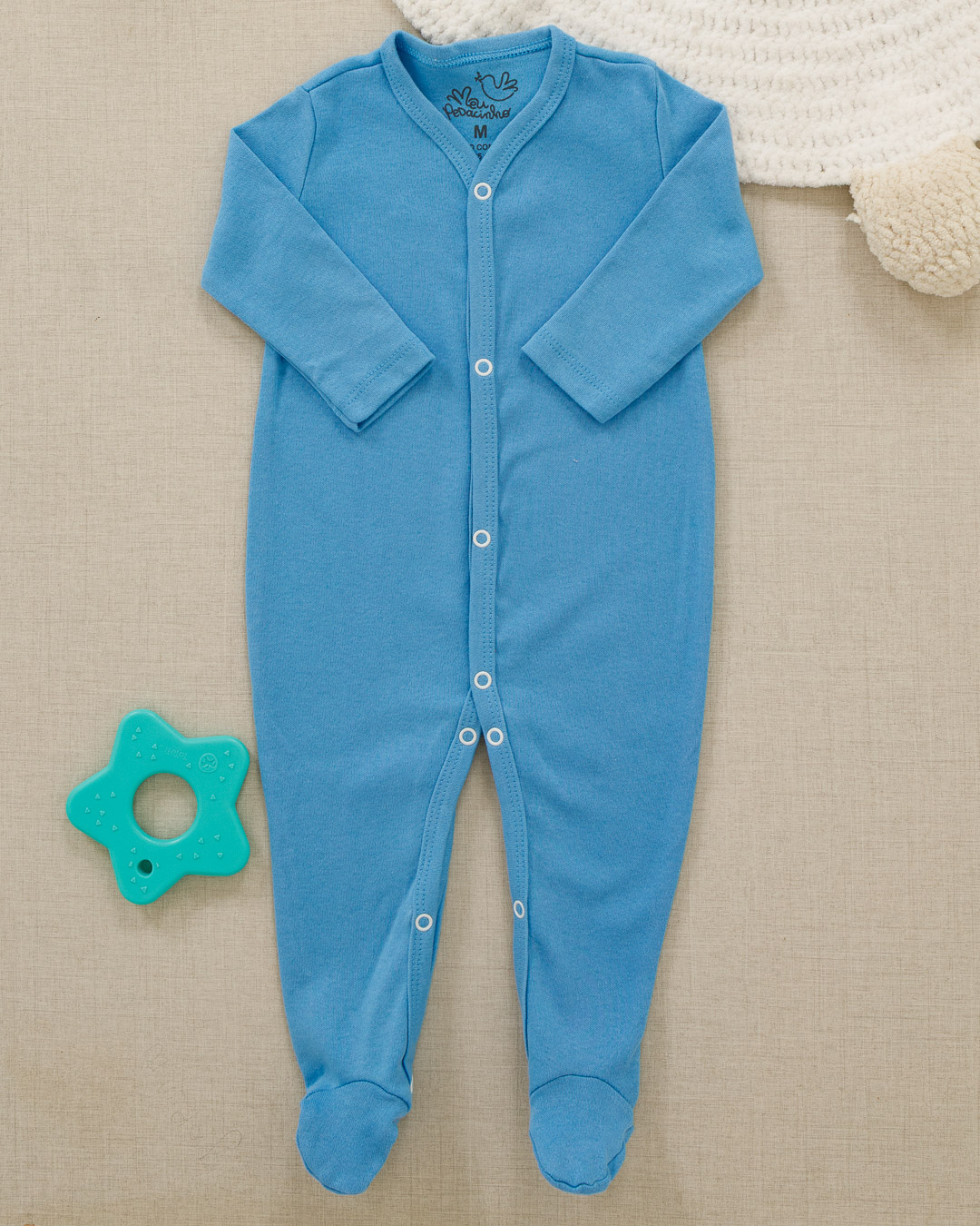 Macacão Bebê Suedine Básico Azul com Pé