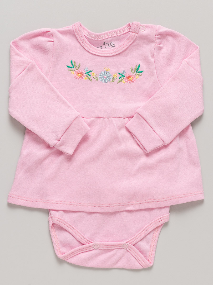 Body Bebê Manga Longa Suedine Flores Rosa