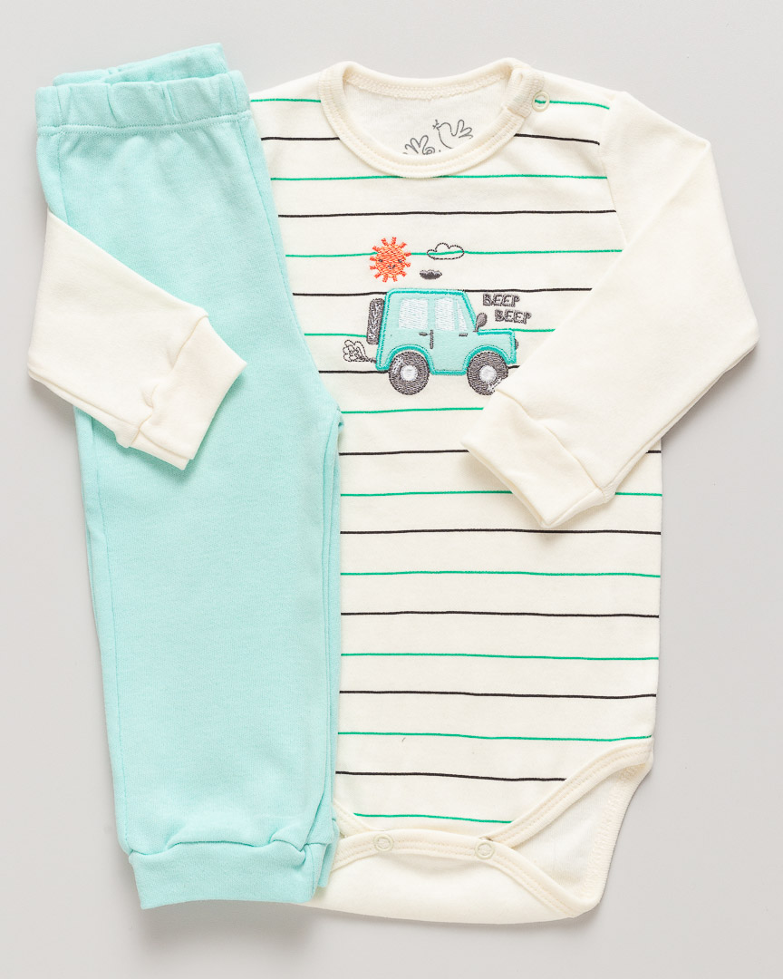 Conjunto Inverno Bebê Body e Calça Carrinho Off White