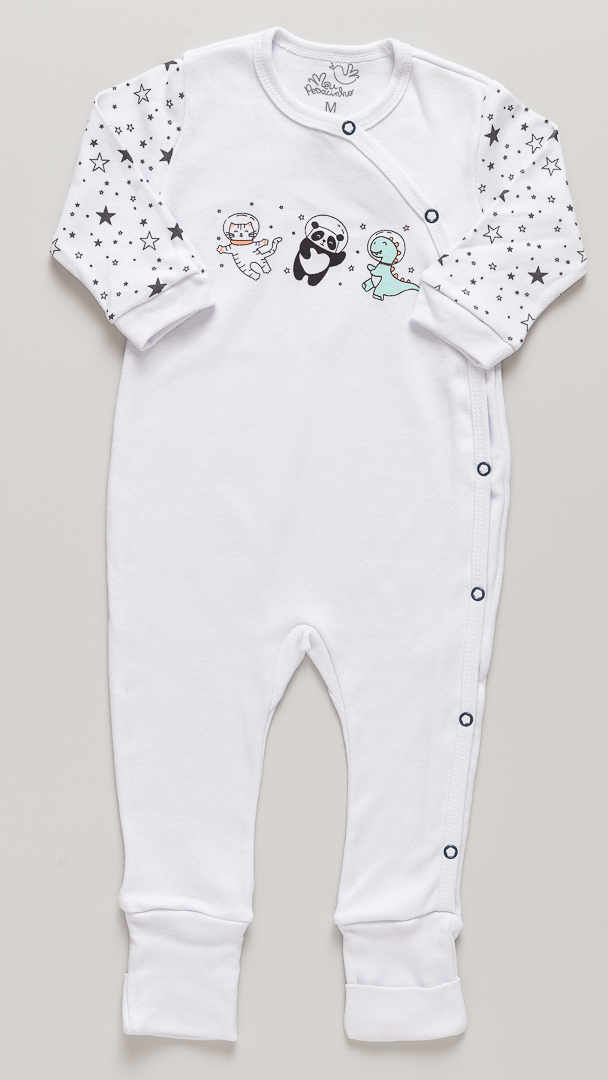 Macacão Bebê  Suedine Meu Pedacinho Astronautas Branco