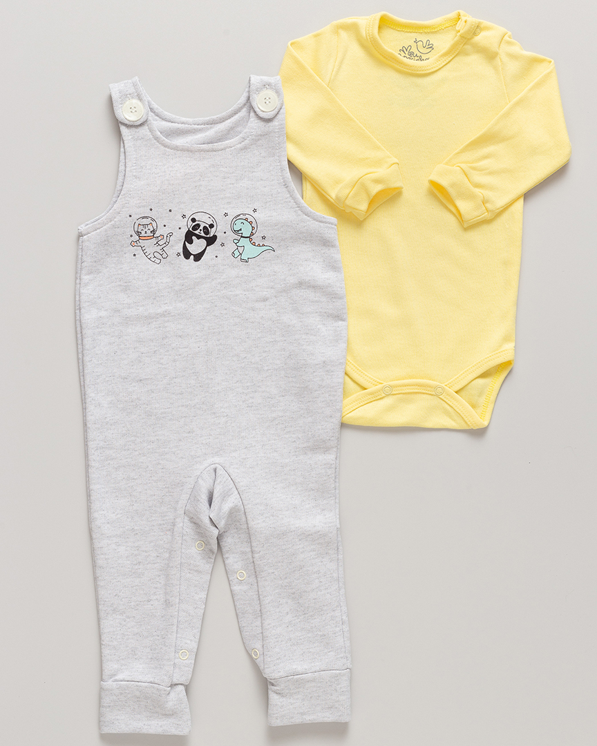 Macacão Jardineira Premium Bebê com Body Astronautas Amarelo