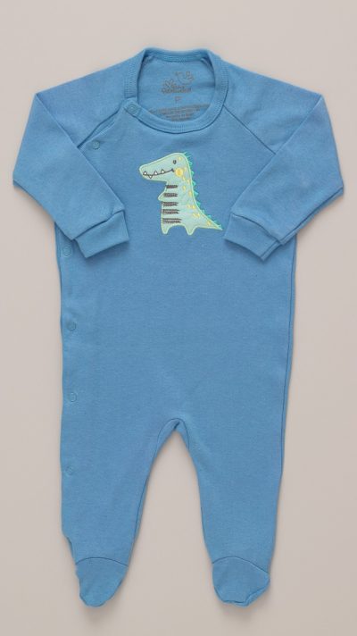 Macacão Bebê  com pezinho Suedine Dino Azul