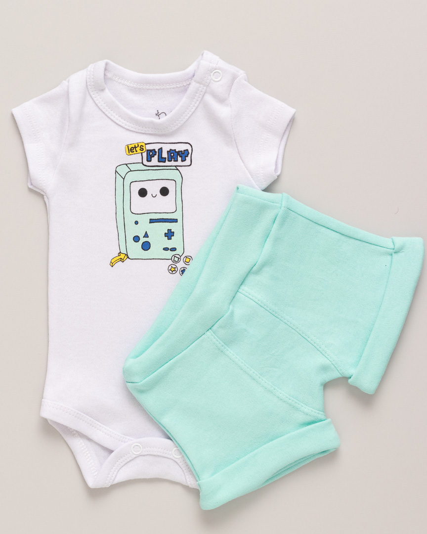 Conjunto Bebê Body e Shorts Suedine Let's Play Branco