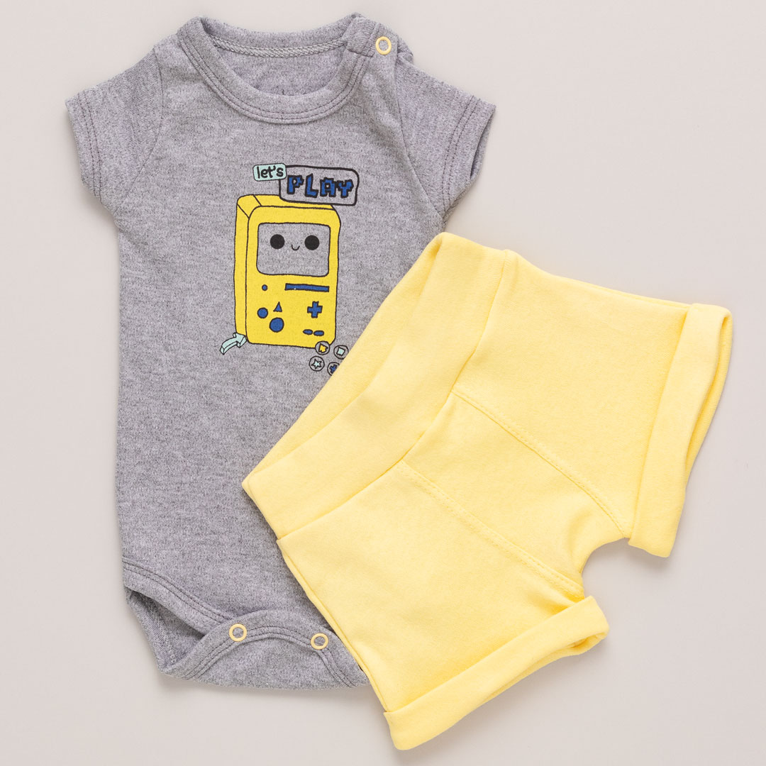 Conjunto Bebê Body e Shorts Suedine Let's Play Mescla