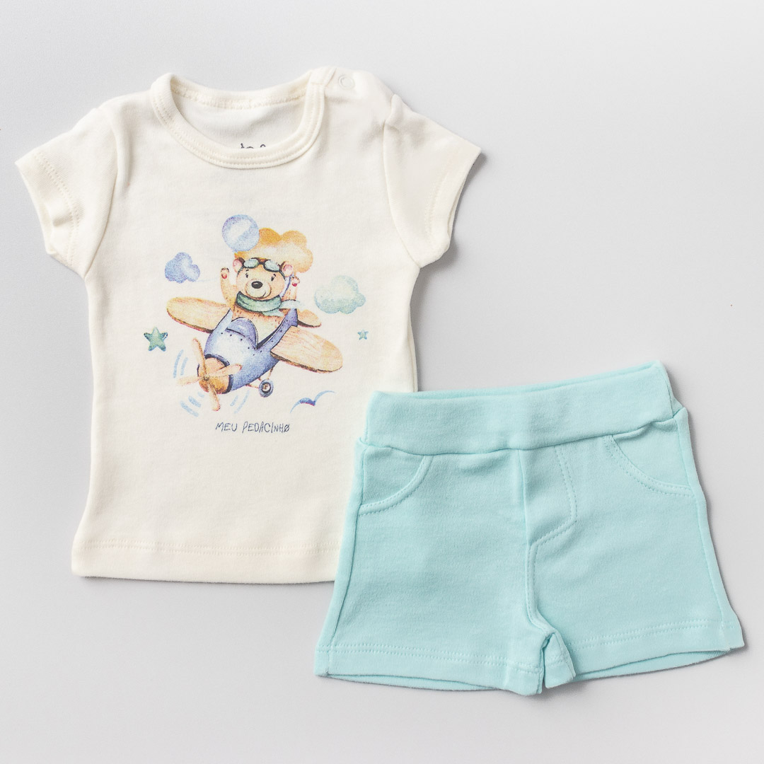 Conjunto Blusa e Shorts Urso Aviador Off White