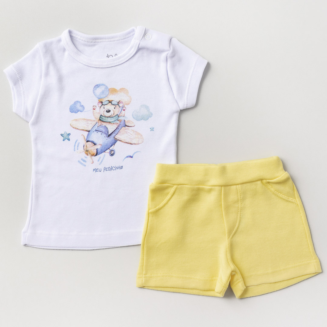 Conjunto Blusa e Shorts Urso Aviador Branco