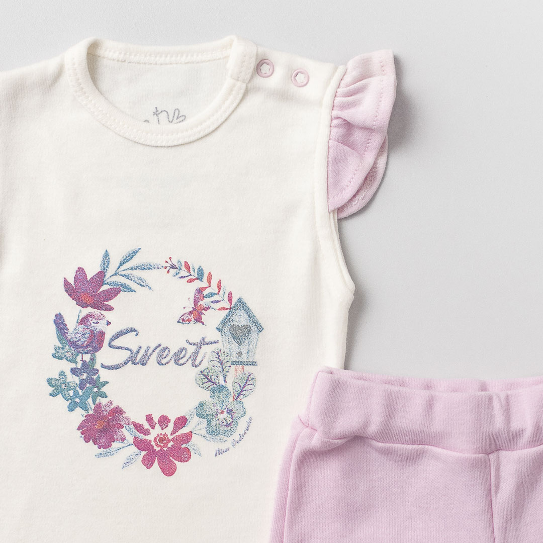 Conjunto blusa manga curta e shorts Passarinhos Off White - Imagem 2