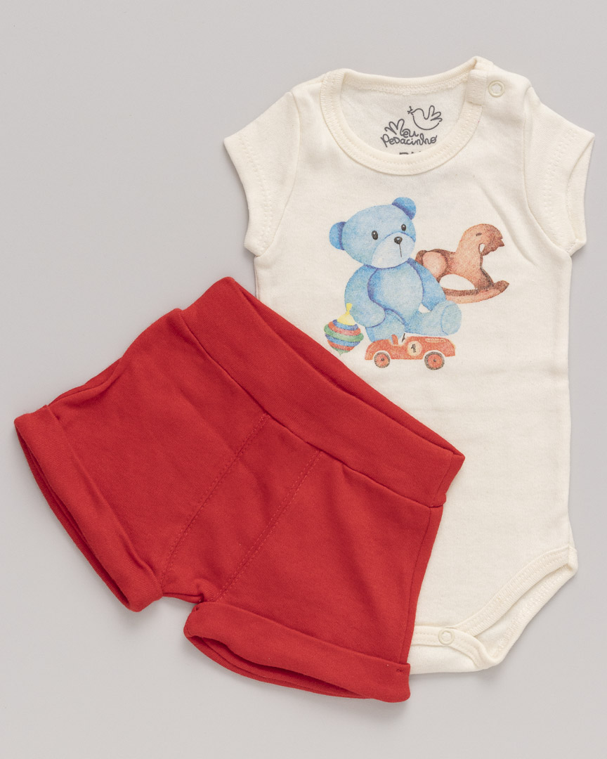 Conjunto Bebê Body e Shorts Suedine Brinquedos Off White