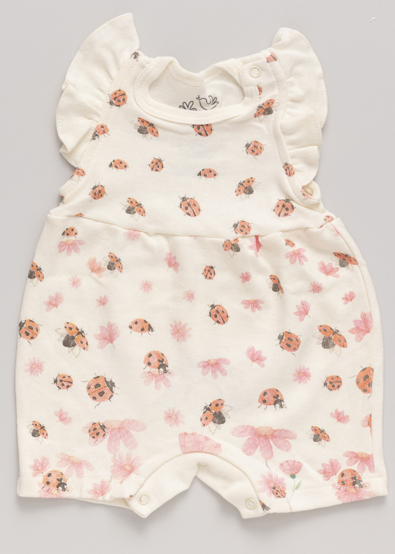 Macacão Bebê Verão Suedine Joaninha Off White