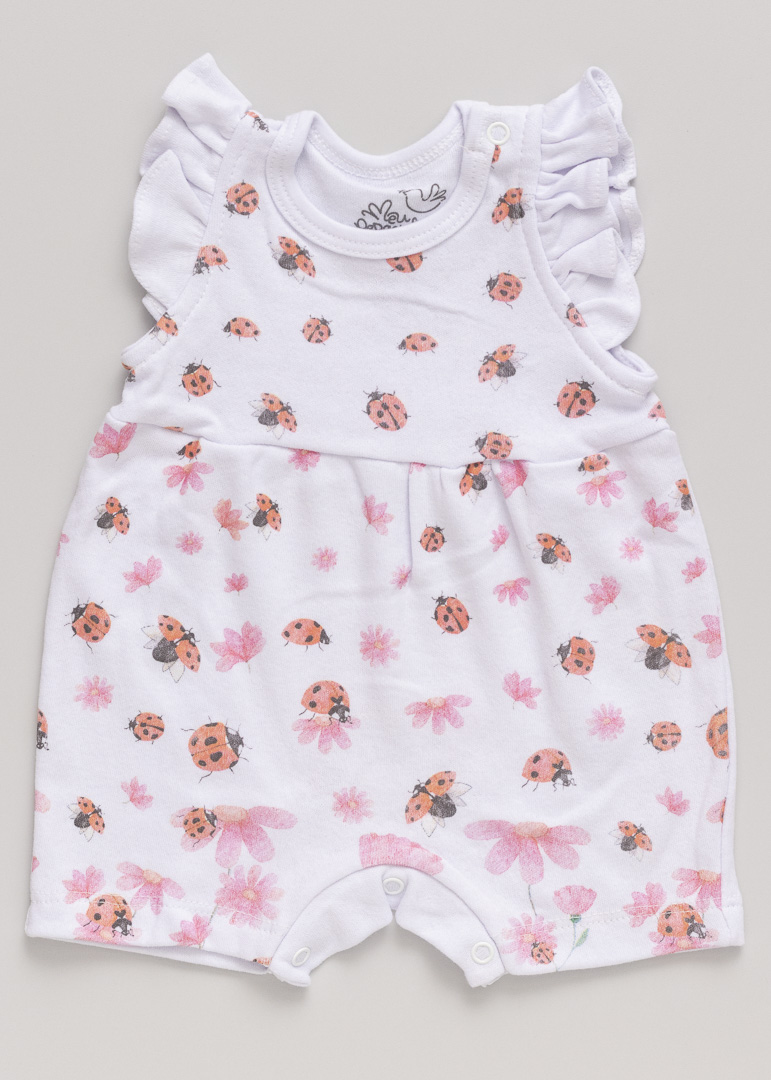 Macacão Bebê Verão Suedine Joaninha Branco