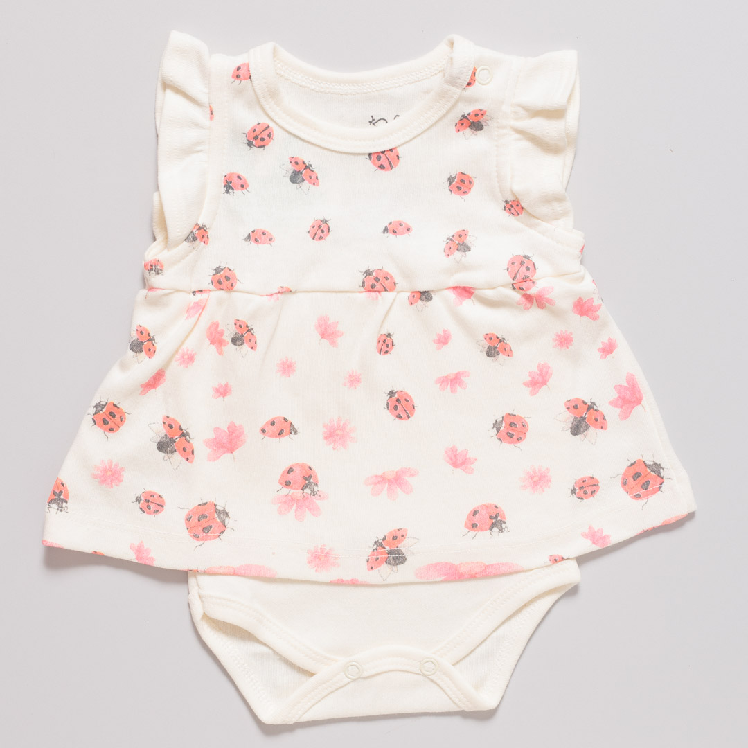 Body Vestido Bebê Manga Curta Suedine Joaninhas Off White