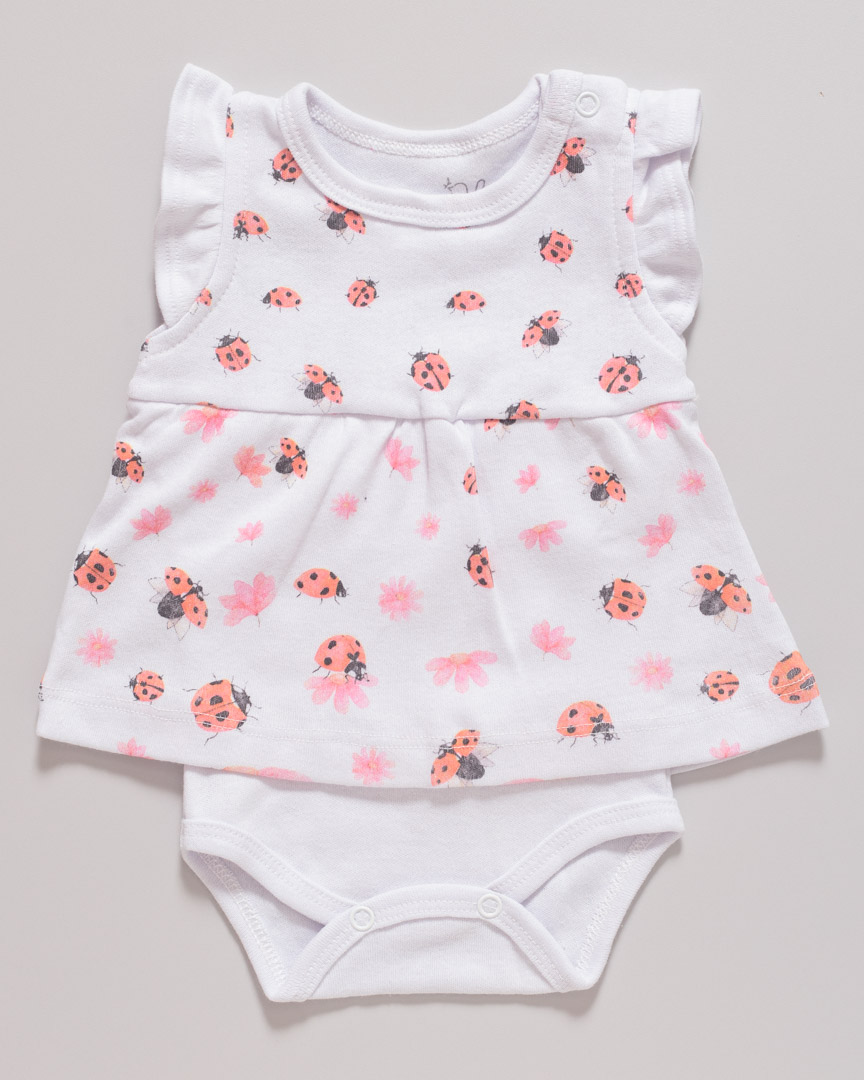 Body Vestido Bebê Manga Curta Suedine Joaninhas Branco