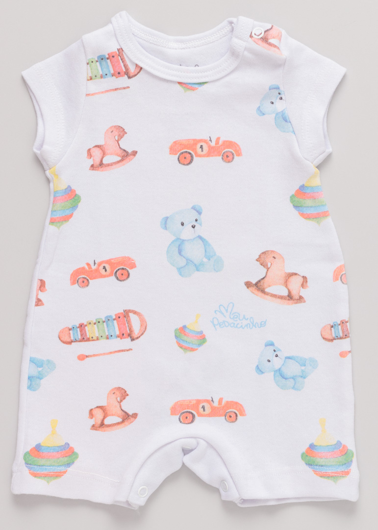 Macacão Bebê Verão Suedine Brinquedos Branco