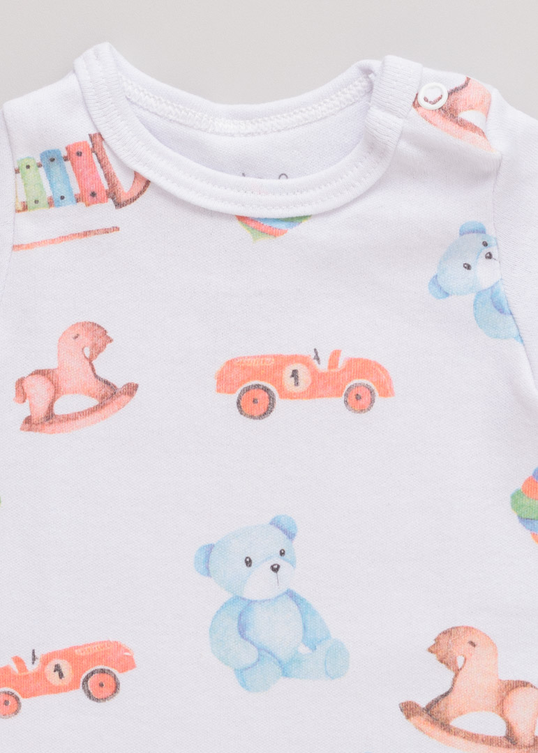 Macacão Bebê Verão Suedine Brinquedos Branco - Imagem 2