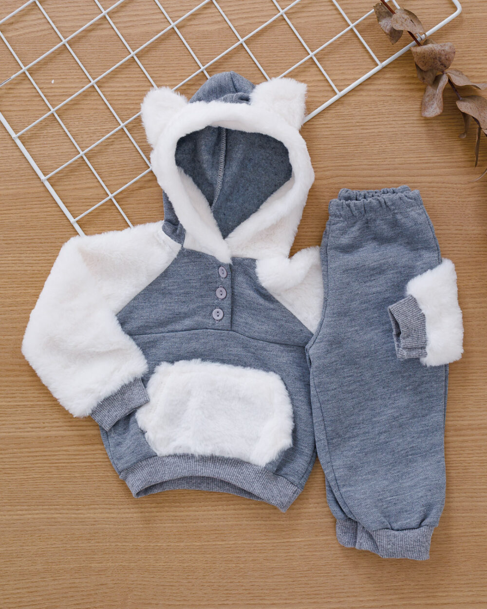 Conjunto Bebê de Moletom com capuz Mescla