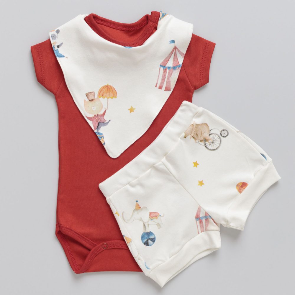 Conjunto 3 peças Bebê Body com Babador Circo Vermelho