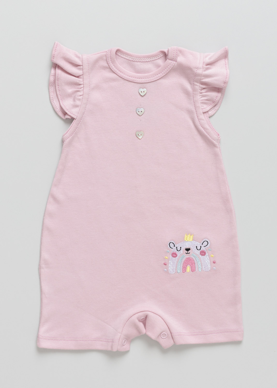 Macacão Bebê Manga Curta Ursinho Arco-Íris Rosa Bebê