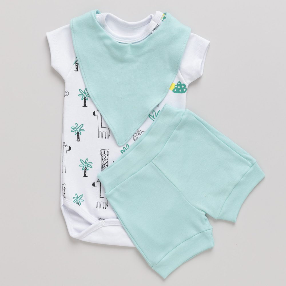 Conjunto Bebê com 3 peças, Body Shorts e Bandana Safari Branco
