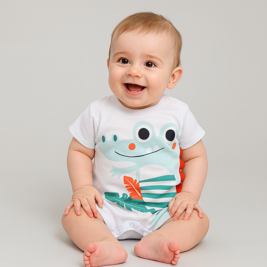 Macacão Romper Bebê Verão Suedine Jacaré Branco - Imagem 7