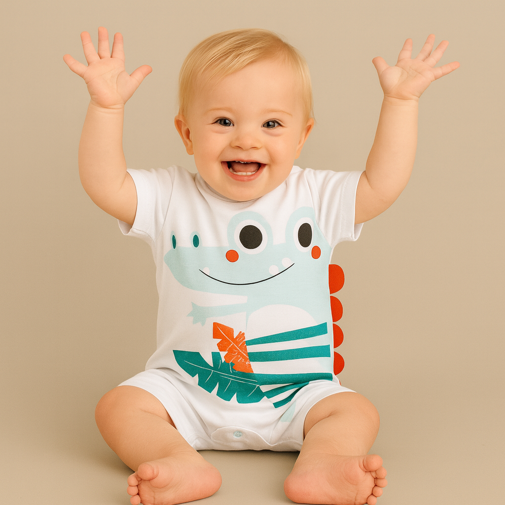 Macacão Romper Bebê Verão Suedine Jacaré Branco - Imagem 8