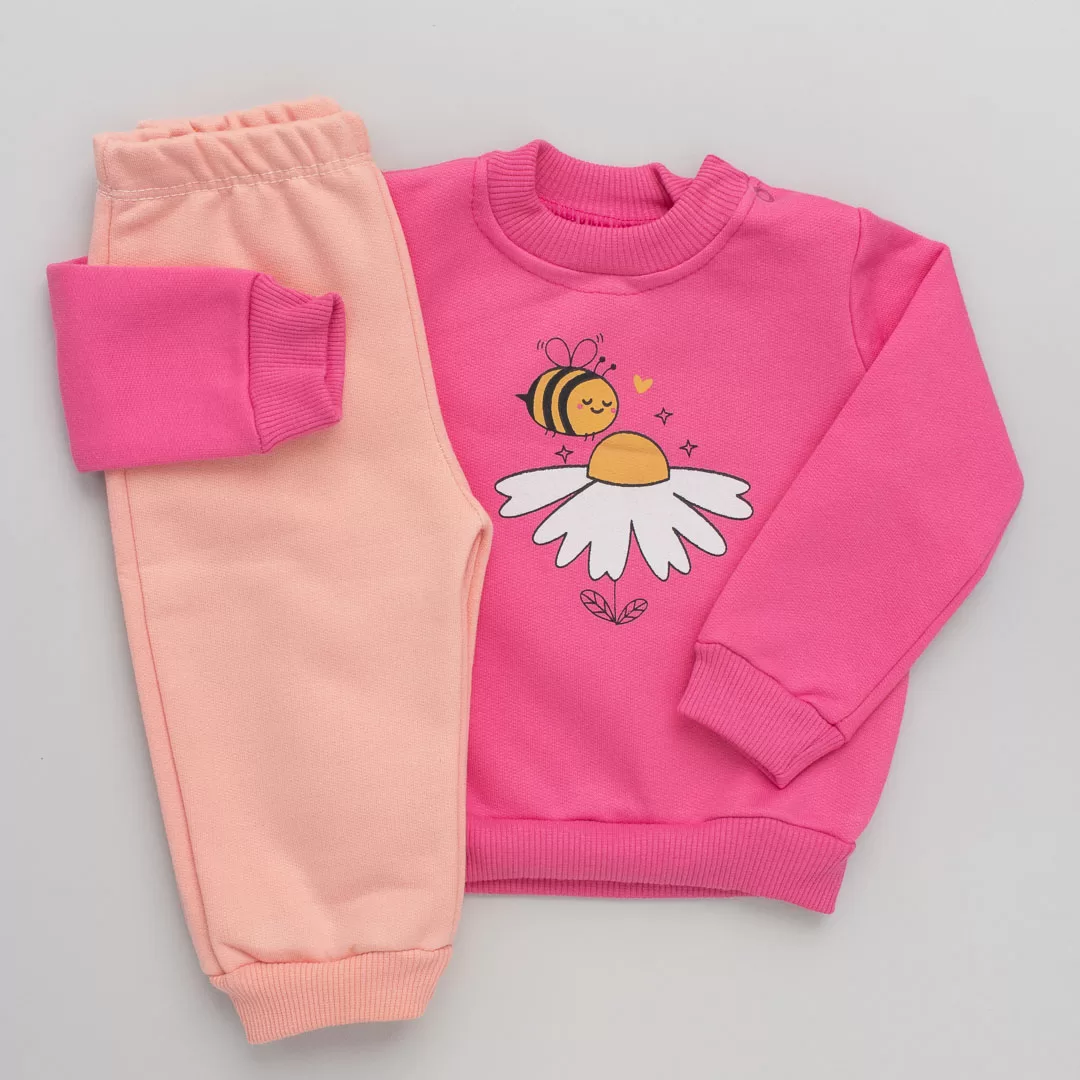 Conjunto Bebê Premium Moletom Margarida Rosa Chiclete