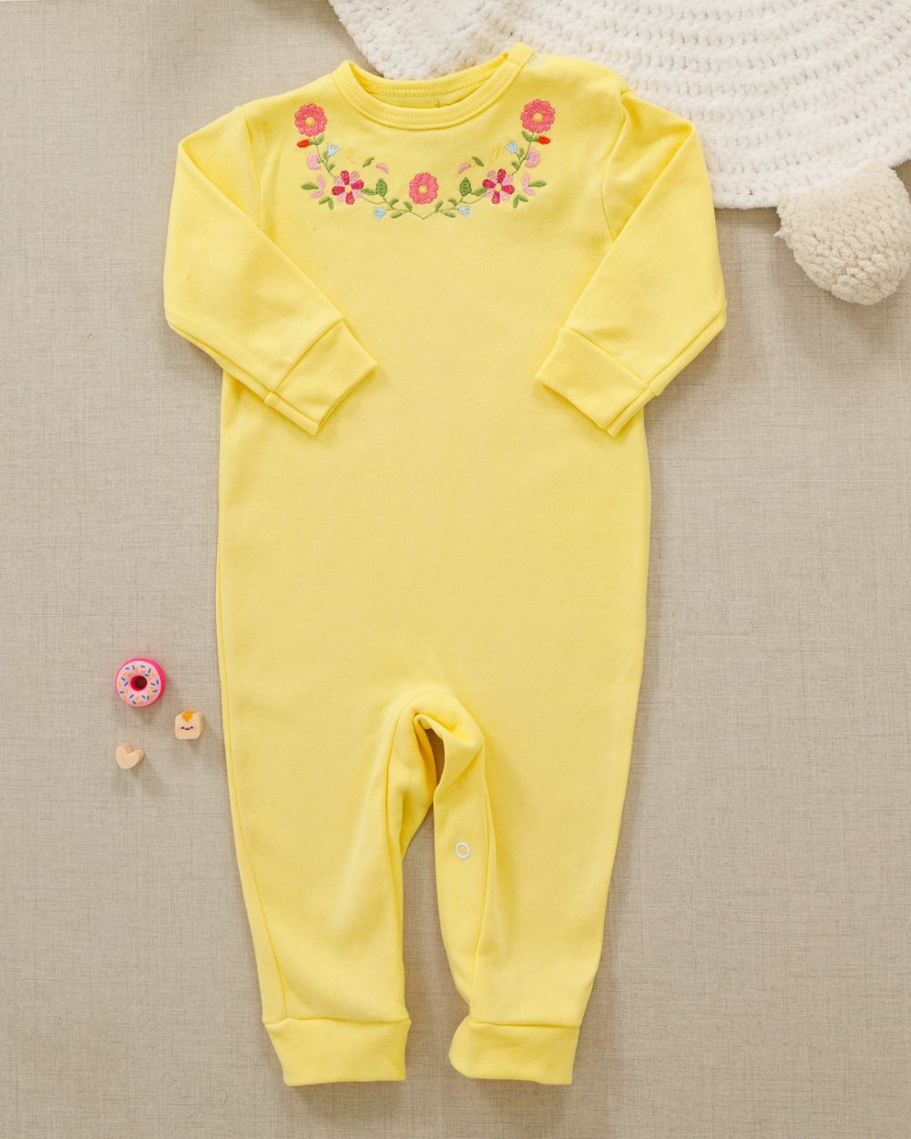 Macacão Manga Longa Bebê Suedine Floral Amarelo