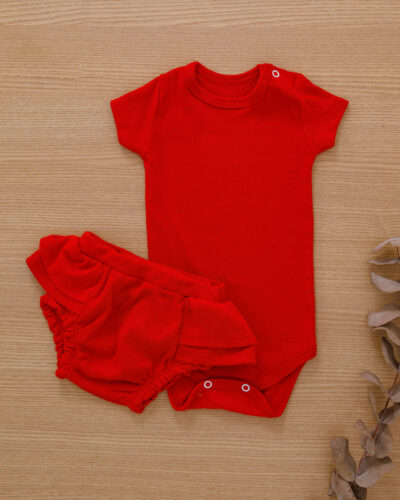 Conjunto Bebê Body e Tapa Fralda Suedine Vermelho