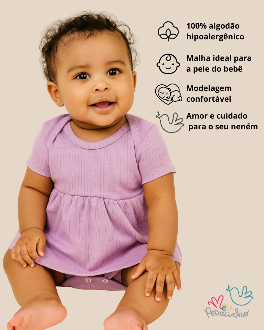 Body Vestido Bebê Canelado Confort Premium Verão Lilás Menina - Imagem 2