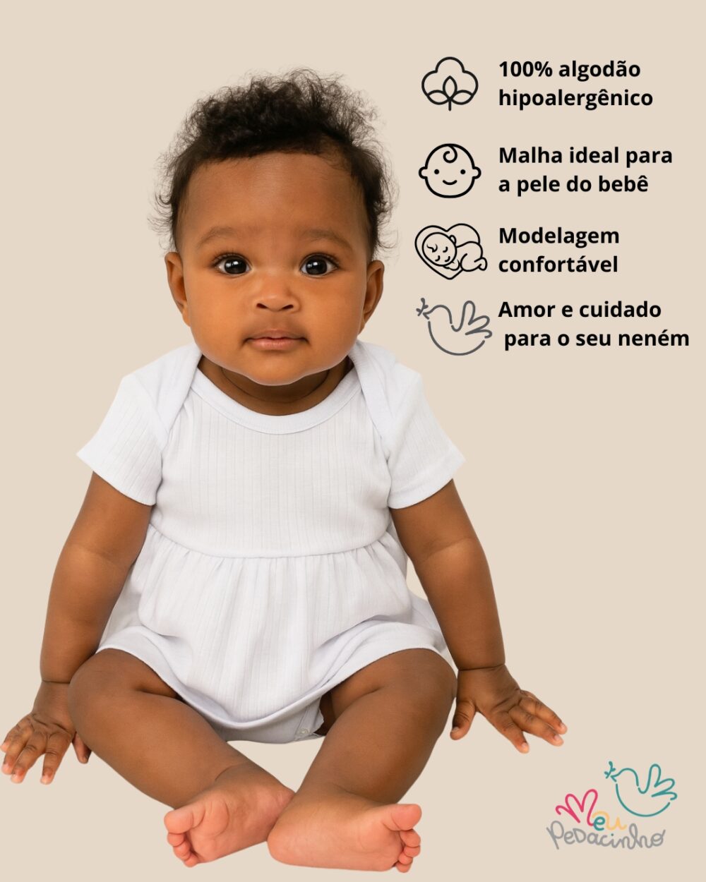 Body Vestido Bebê Canelado Confort Premium Verão Branco Menina - Imagem 2