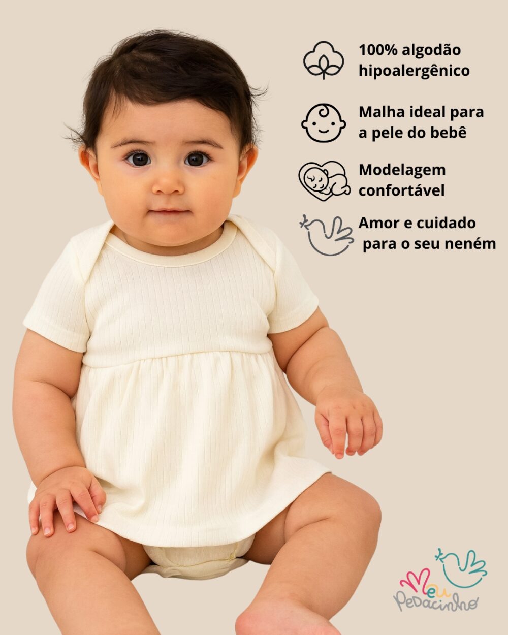 Body Vestido Bebê Canelado Confort Premium Verão Off White Menina - Imagem 2