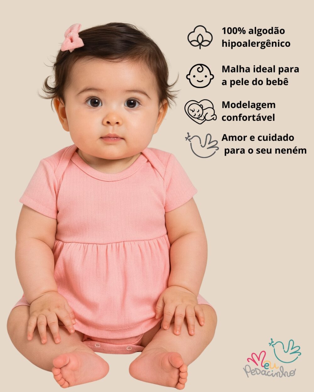 Body Vestido Bebê Canelado Confort Premium Verão Rosa Menina - Imagem 2