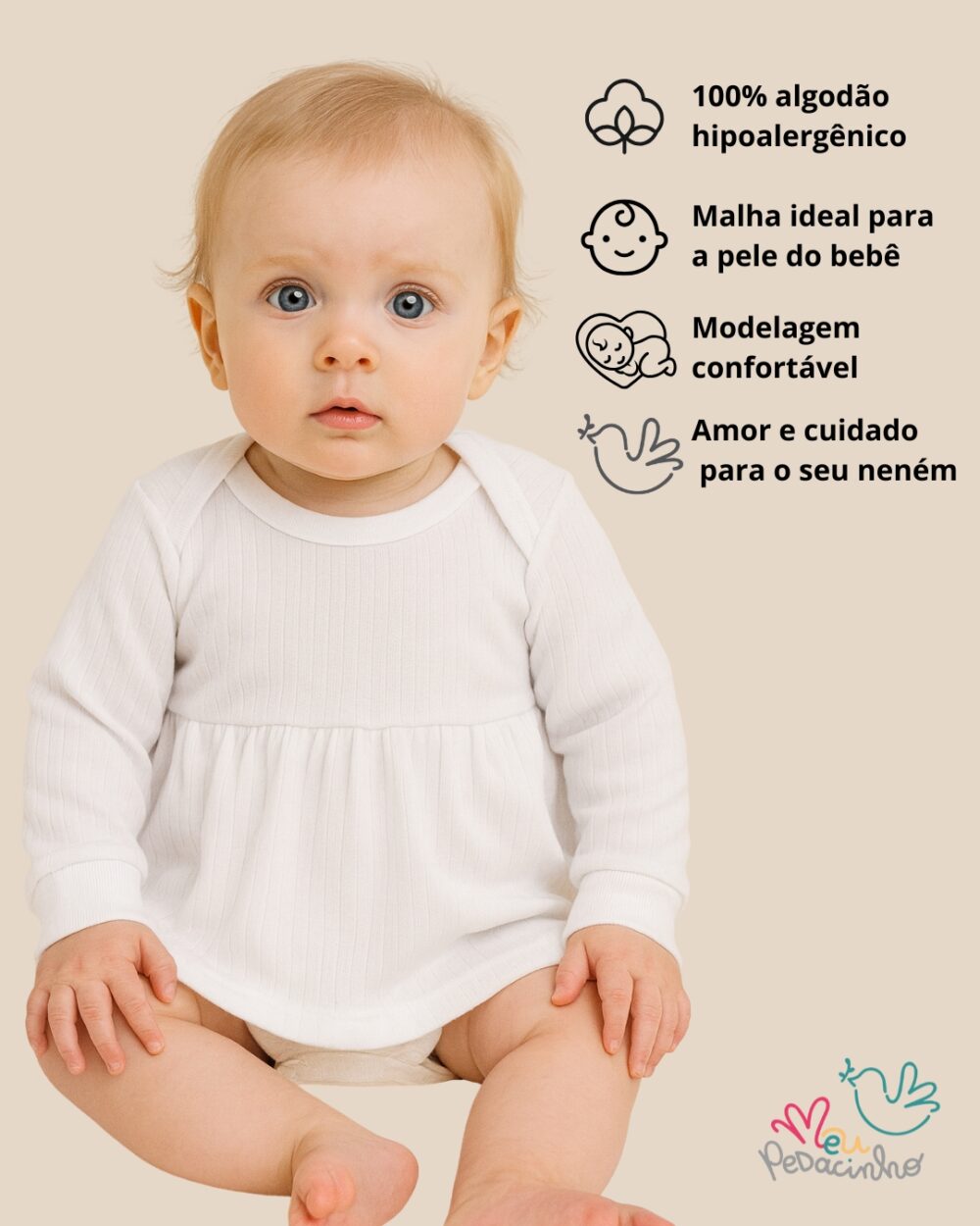 Body Vestido Bebê Canelado Confort Premium Branco Menina - Imagem 2