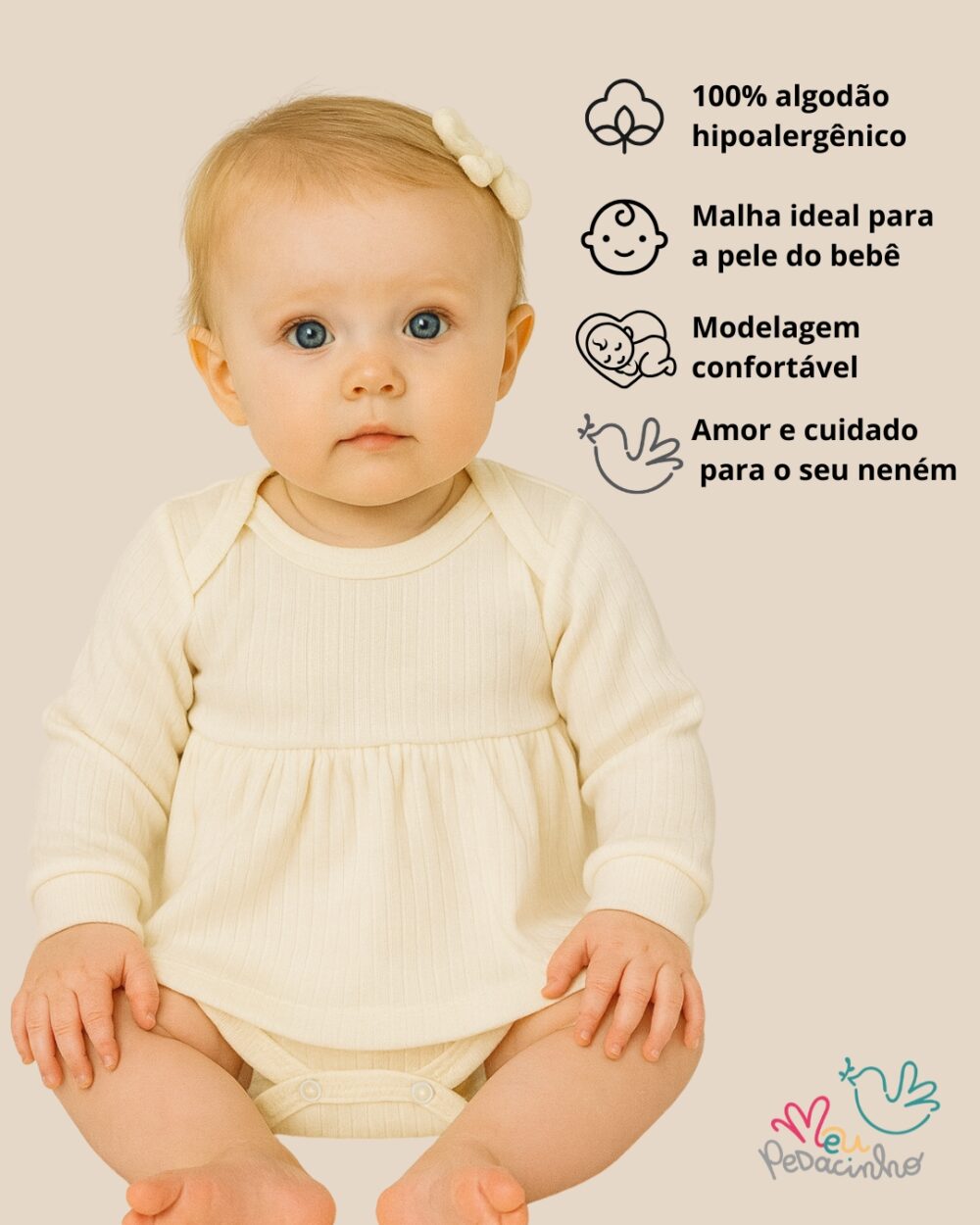 Body Vestido Bebê Canelado Confort Premium Off White Menina - Imagem 2