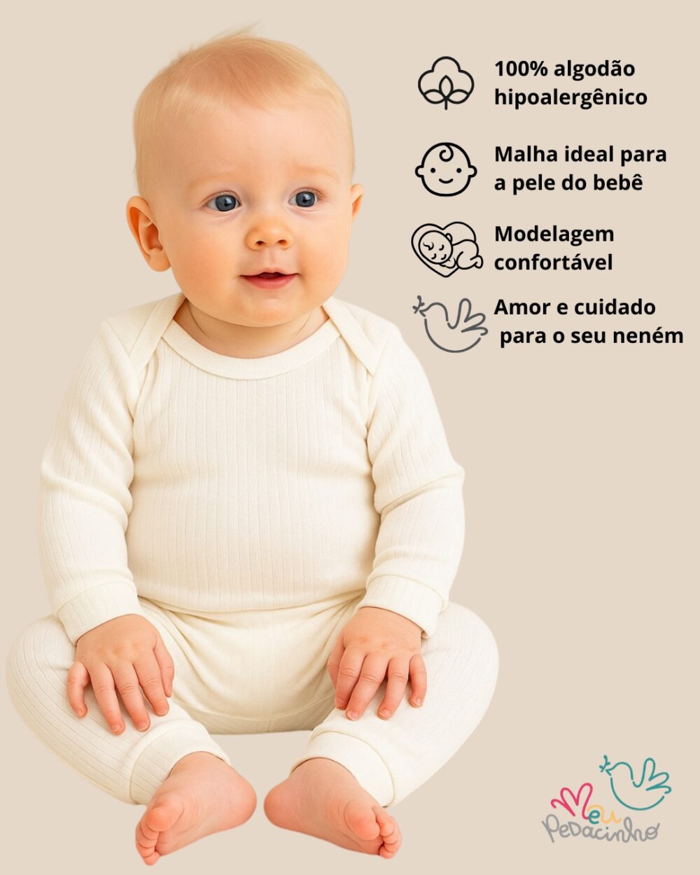 Conjunto Pagão Canelado Confort Premium Bebê Off White Unissex - Imagem 2