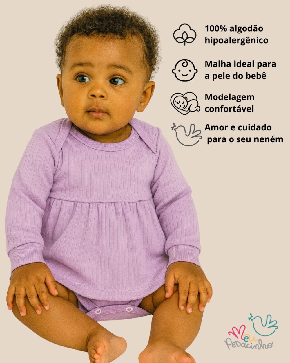 Body Vestido Bebê Canelado Confort Premium Lilás Menina - Imagem 2