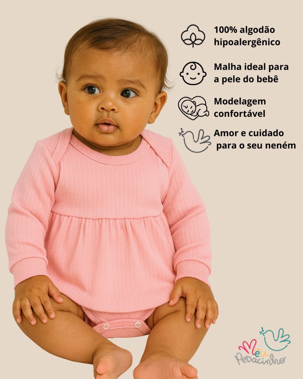Body Vestido Bebê Canelado Confort Premium Rosa Menina - Imagem 2