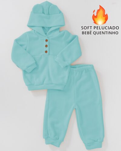 Conjunto Bebê Soft Blusa e Calça com Capuz Azul