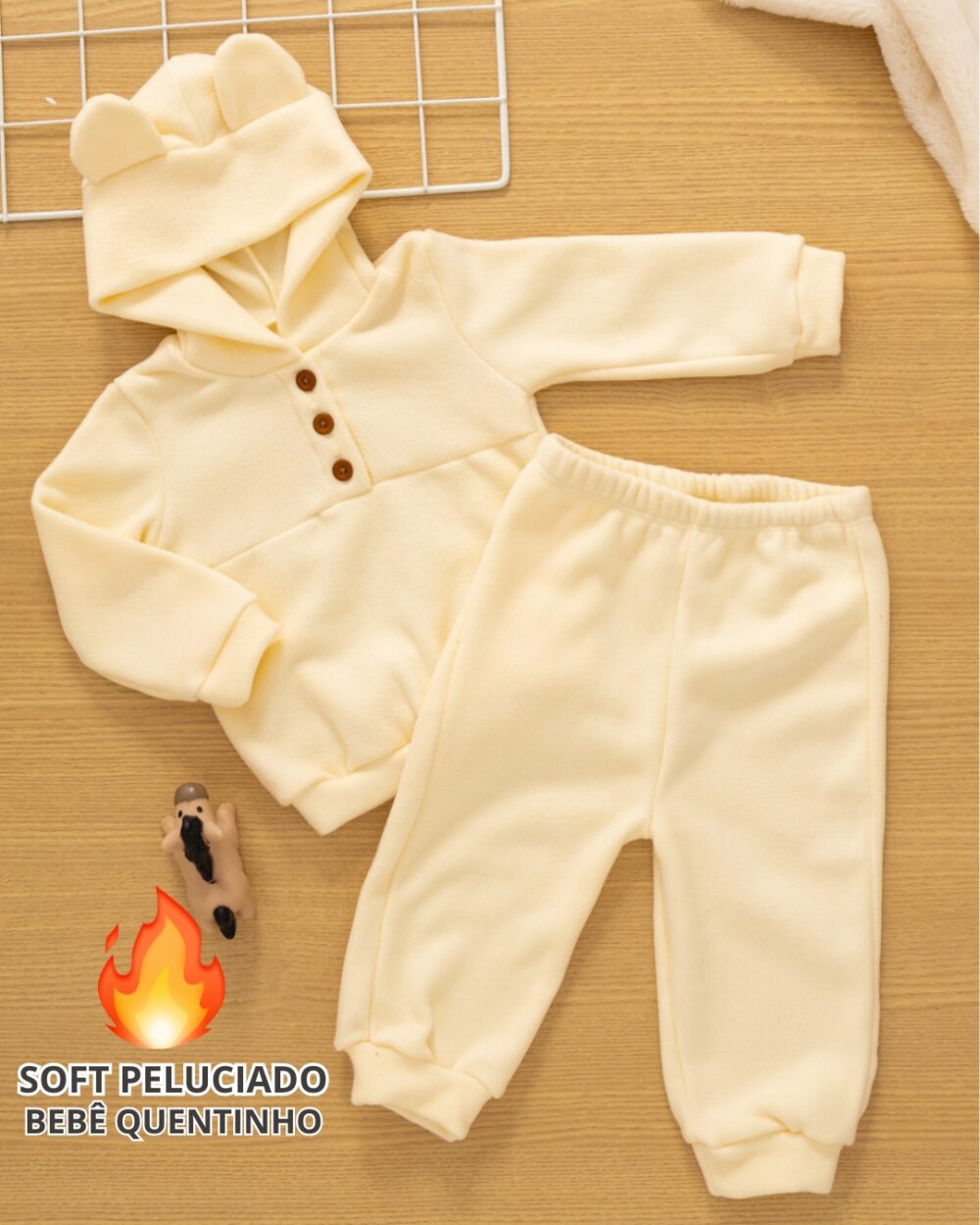 Conjunto Bebê Soft Blusa e Calça com Capuz Amarelo