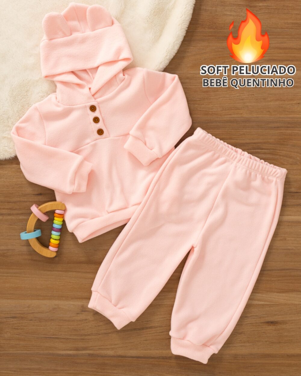 Conjunto Bebê Soft Blusa e Calça com Capuz Rosa
