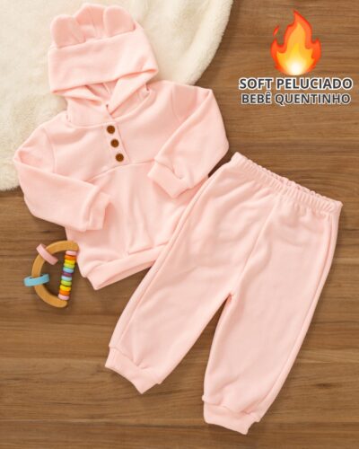Conjunto Bebê Soft Blusa e Calça com Capuz Rosa