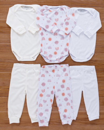 Kit 3 Conjuntinhos Canelado Sol e Nuvem, Conforto Extremo com Gola Envelope e Toque Suave