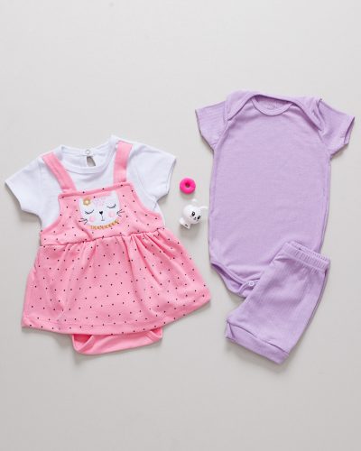 Kit Best Seller 3 Peças Body Vestido Gatinha e Conjunto Canelado Lilás